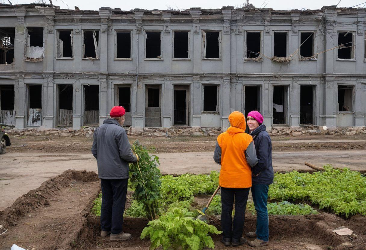 A contrasting scene depicting a divided community; one side in shades of gray illustrating despair with broken buildings and sad faces, the other side bursting with color and life representing hope, showcasing smiling volunteers planting trees and distributing food. The transition between the two should be seamless, emphasizing the transformative power of charity on the community. vibrant colors. super-realistic. uplifting atmosphere.